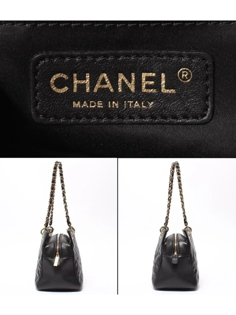 Chanel Chain Shoulder Bag Gold Quilted Caviar Leather Petit Timeless